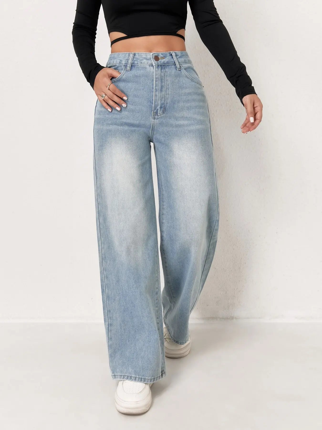 Paola | Vaqueros de denim azul claro de corte ancho