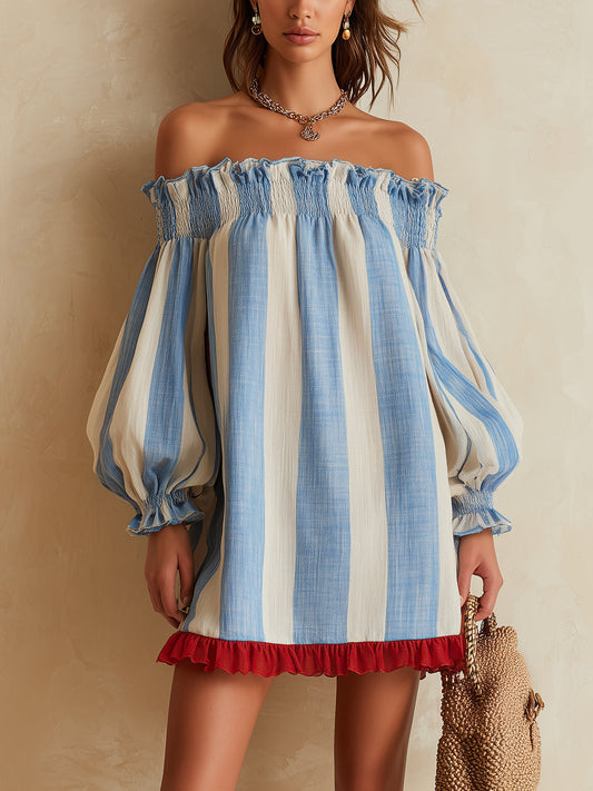 Raquel | Minivestido de rayas azules y blancas con hombros descubiertos