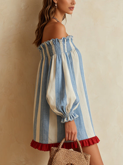 Ondine | Mini Robe Rayée Bleu et Blanc à Épaules Dénudées et Ourlet Contrasté