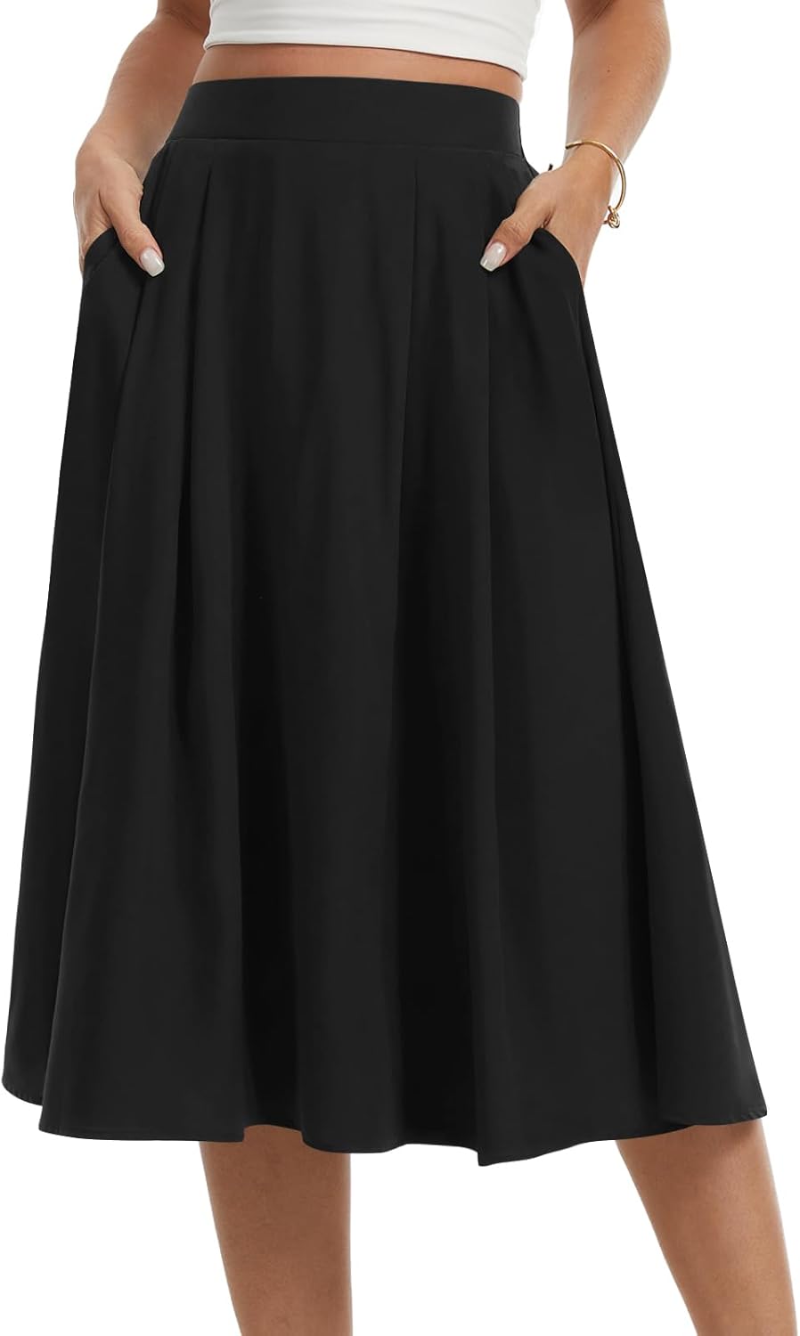 Jade Falda Midi Mujer – Falda Fluida de Cintura Alta, Línea A y Bolsillos Verano
