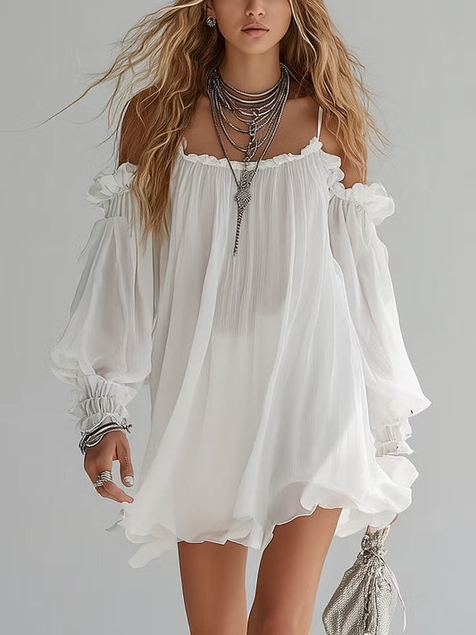 Melanie | Vestido corto de estilo bohemio con hombros descubiertos