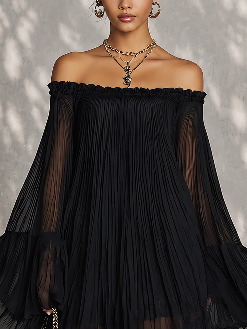 Océane | Robe Mini Noire à Manches Cloche et Épaules Dénudées Froncées